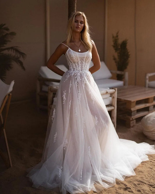 Vestidos de novia de encaje con tirantes finos para mujer, apliques de encaje, pliegues largos, corsé, vestido de fiesta nupcial bohemio