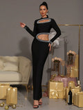 Sexy Women's Pearl Nail Bead Design Bandage Long Dress Stand Collar Long Sleeve Bodycon Hollow Dress Cocktail Banquet Dress