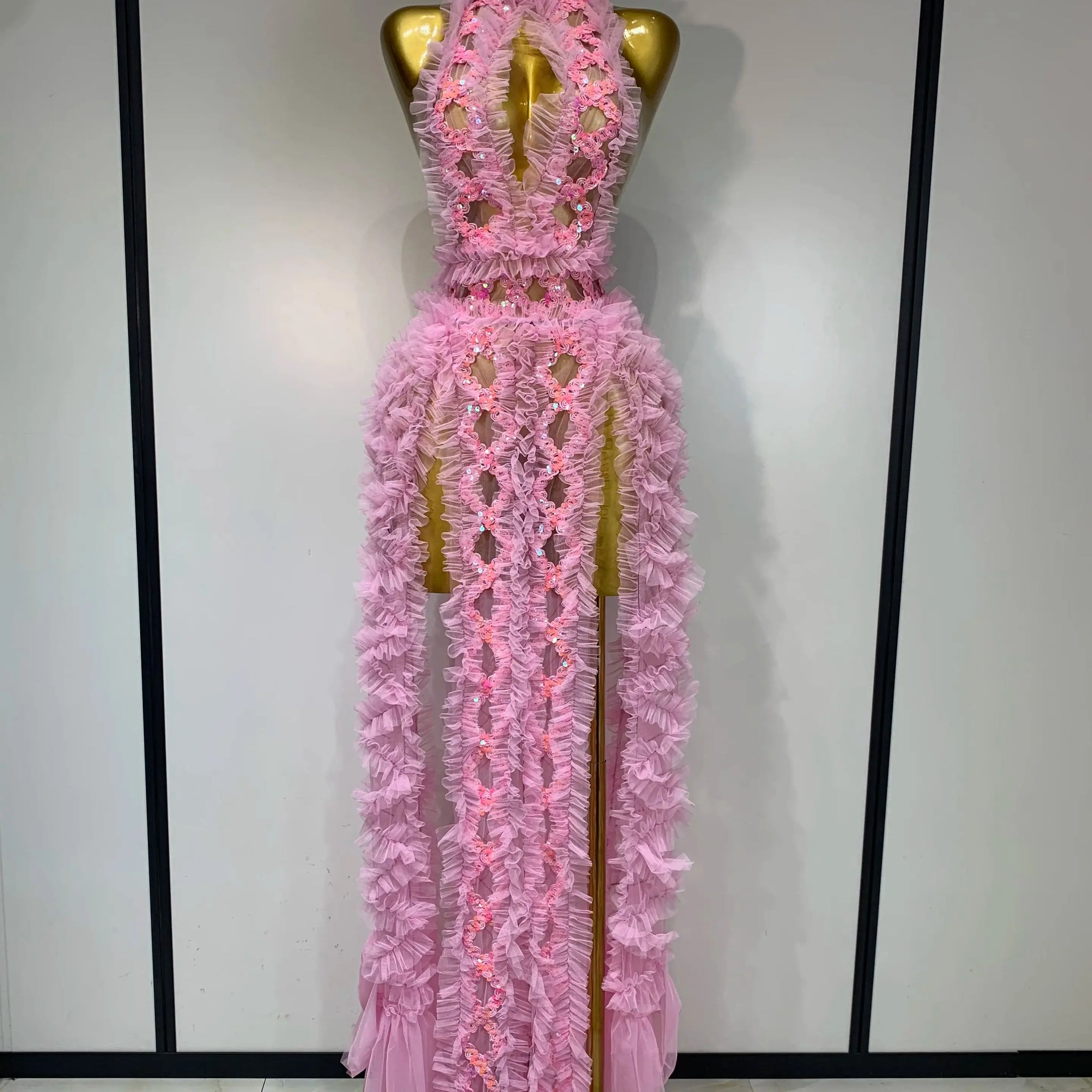 Mesh Sequins Sexy Backless Halter See Through Dress Birthday Evening Party Prom Nightclub Singer Stage Performance Costume