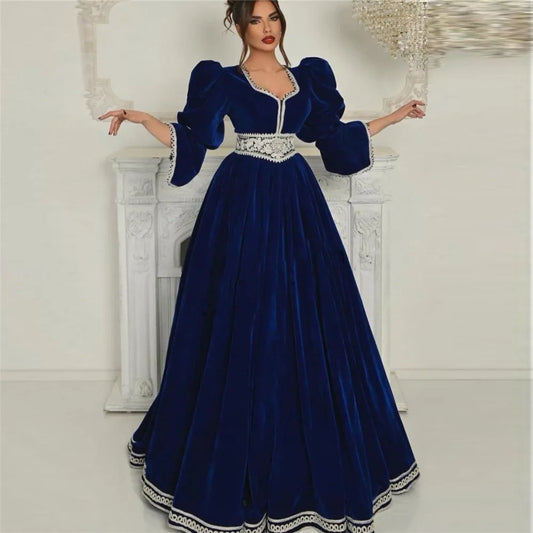 Elegant Royal Blue A-Line Prom Dress Square Collar Ruched Half Sleeves Floor Length Evening Dress robes de soirée As Picture