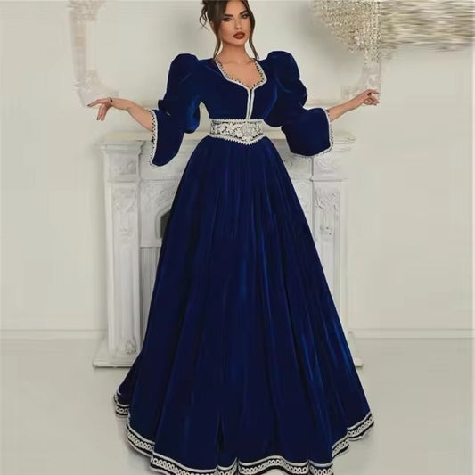 Elegant Royal Blue A-Line Prom Dress Square Collar Ruched Half Sleeves Floor Length Evening Dress robes de soirée