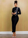 Women Long Sleeve Sexy Shinning Crystal Bodycon Long Bandage Dress Celebrate Evening Party Nightclub Outfit Wear