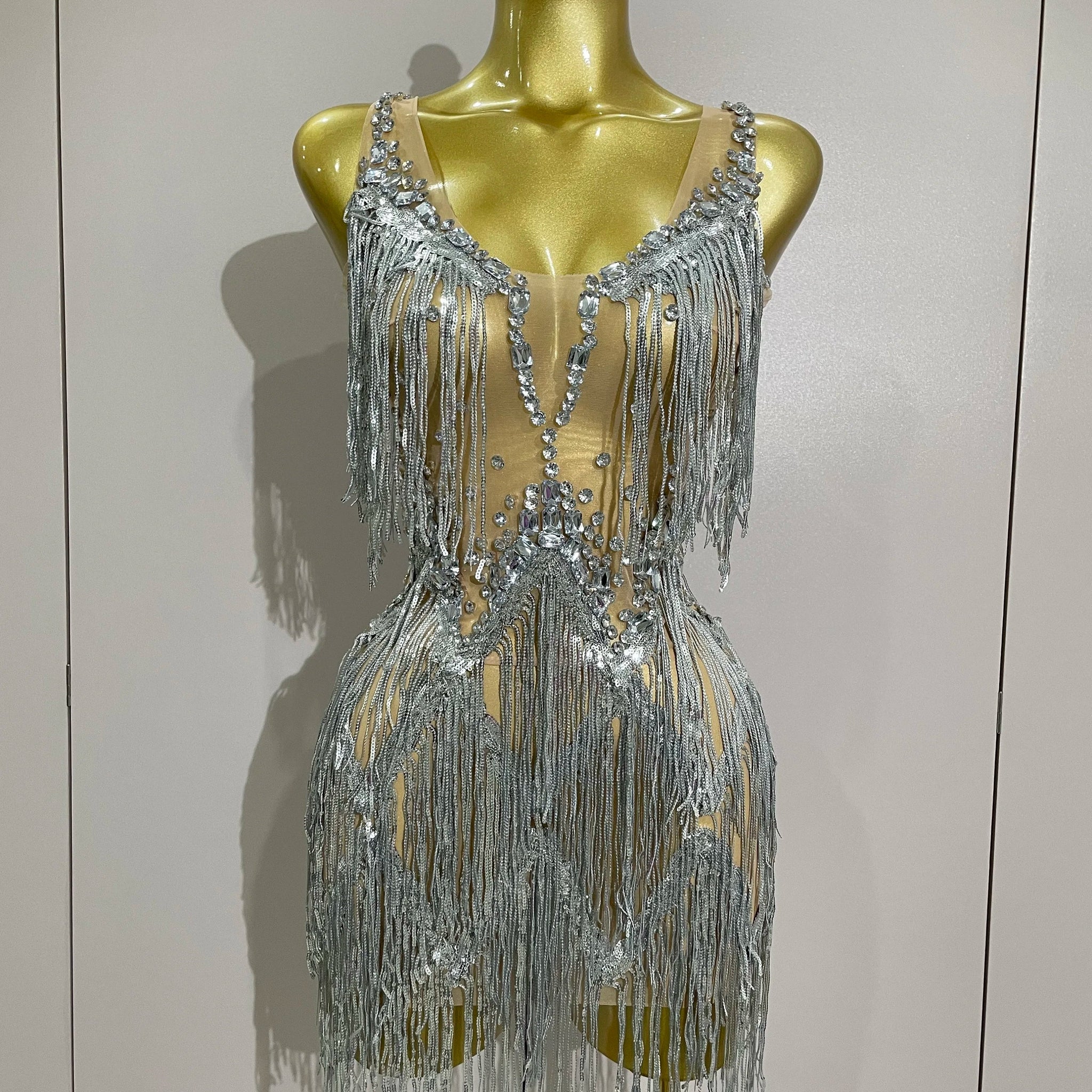 Sparkly Rhinestone Tassels Sexy Mesh Mini Dress Women Evening Birthday Party Dresses Nightclub Performance Stage Costume Silver