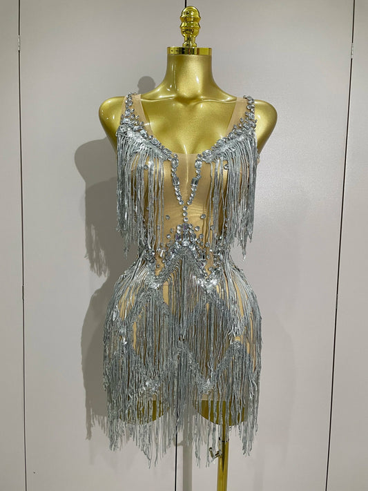 Sparkly Rhinestone Tassels Sexy Mesh Mini Dress Women Evening Birthday Party Dresses Nightclub Performance Stage Costume Silver