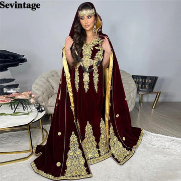 Elegant Burgundy Mermaid Kaftan Evening Dress Lace Appliques Cape Prom Gown Mid Slit Floor Length Algerian Outfit