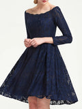 Elegant A-Line Prom Evening Dress Lace Off-the-Shoulder 3/4 Sleeve Pleated Knee-Length Wedding Guest Dress 2025 Free Customized