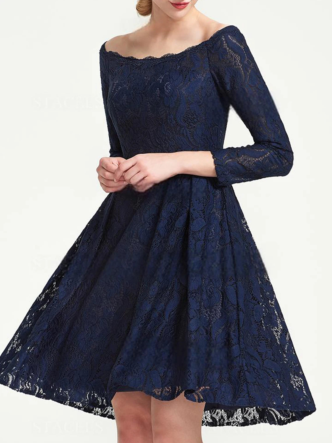 Elegant A-Line Prom Evening Dress Lace Off-the-Shoulder 3/4 Sleeve Pleated Knee-Length Wedding Guest Dress 2025 Free Customized