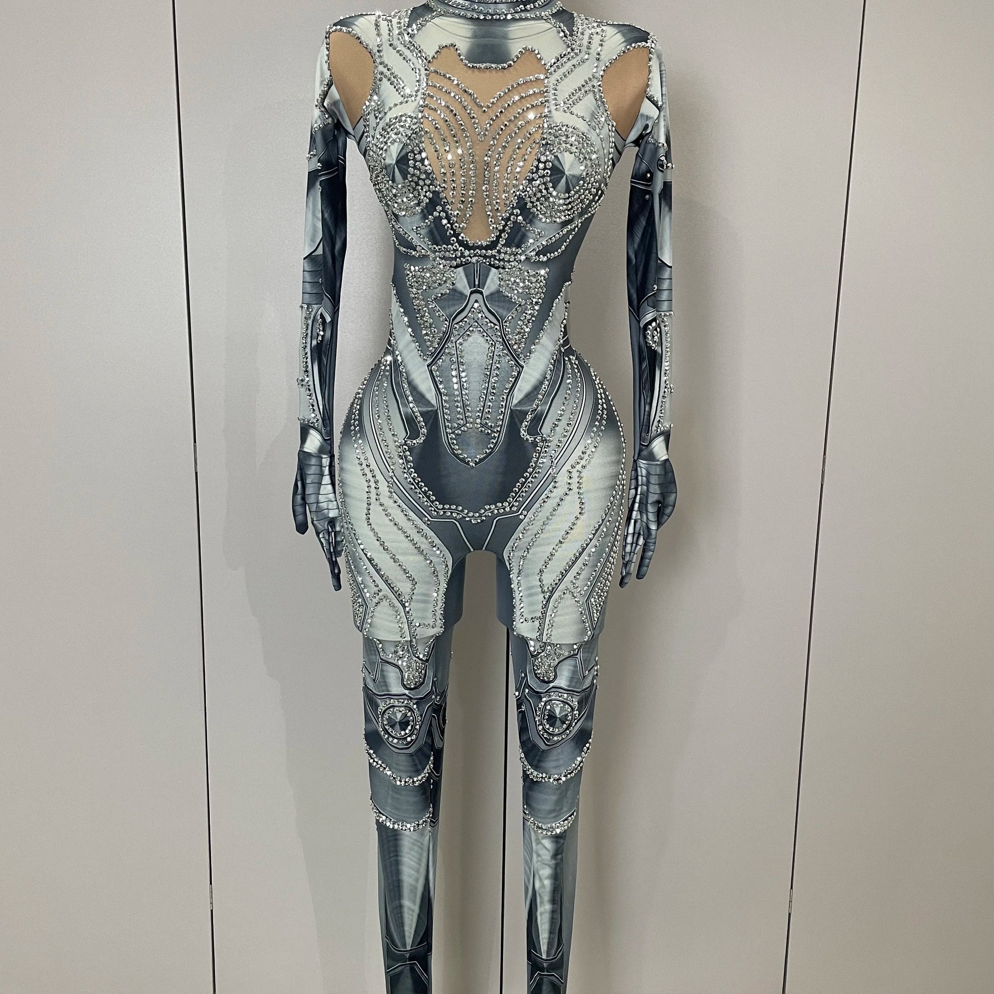 Trendy Women Sexy Rhinestones Printed Skinny Jumpsuit High Street Performance Dance Costume Bar Club Show Stage Wear GRAY