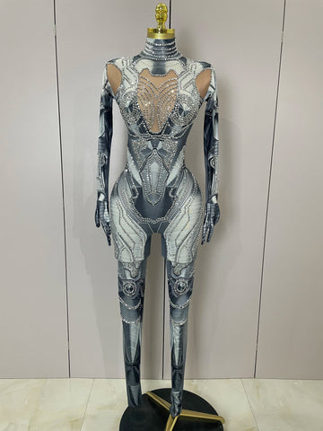 Trendy Women Sexy Rhinestones Printed Skinny Jumpsuit High Street Performance Dance Costume Bar Club Show Stage Wear GRAY
