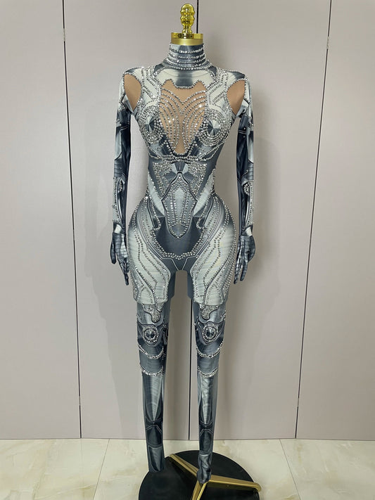 Trendy Women Sexy Rhinestones Printed Skinny Jumpsuit High Street Performance Dance Costume Bar Club Show Stage Wear GRAY