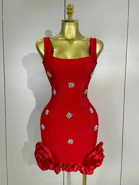 STyle Shining Crystal Women Sleeveless Bodycon Mini Bandage Dress Elegant Ruffles Cute Birthday Party Celebrate Dress Red