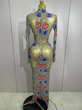 Sparkly Diamond High Neck Sexy Mesh Wrap Hip Long Dress Host Annual Meeting Party Nightclub Bar Performance Costume