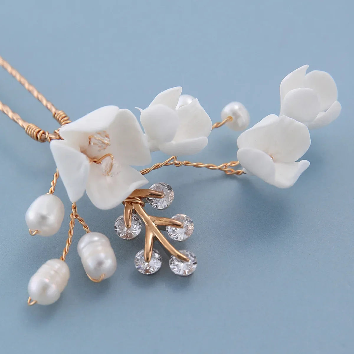 Bridal Jewelry Porcelain Flower Hair Pin Clip Freshwater Pearl Head Piece Brides Vintage Gold Color Hairpin Wedding Accessories
