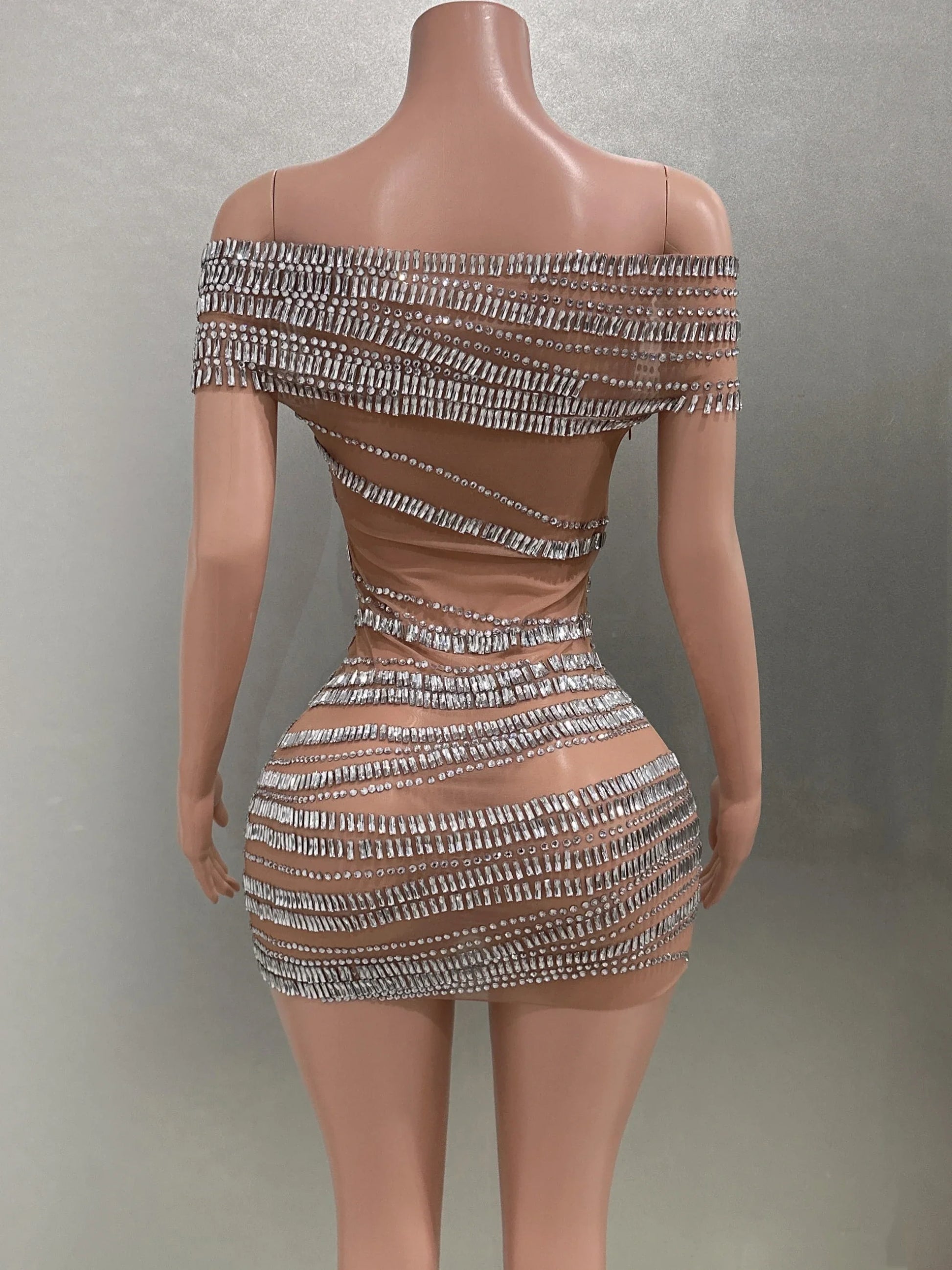 Sparkly Rhinestones Women Sexy Mesh Slash Neck Bodycon Mini Dress Celebrate Birthday Party Photo Shoot Dress Stage Wear