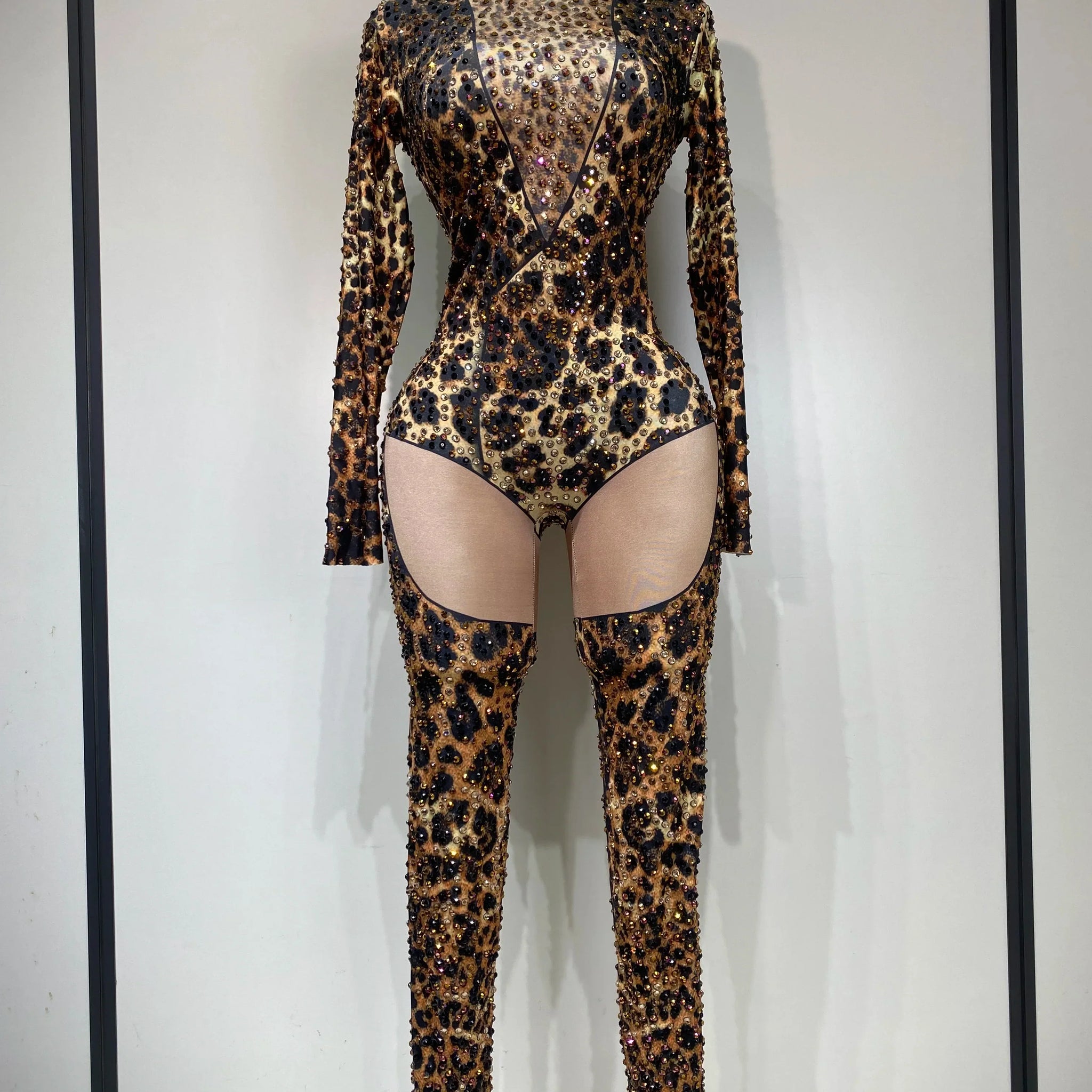 Women Stretch Leopard Print Sexy Bodycon Jumpsuit Bar Nightclub Singer Dancer Luxury Diamond Stage Performance Outfit Dark Brown
