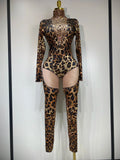 Women Stretch Leopard Print Sexy Bodycon Jumpsuit Bar Nightclub Singer Dancer Luxury Diamond Stage Performance Outfit Dark Brown