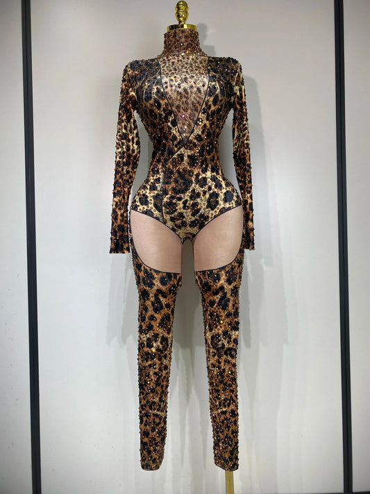 Women Stretch Leopard Print Sexy Bodycon Jumpsuit Bar Nightclub Singer Dancer Luxury Diamond Stage Performance Outfit Dark Brown