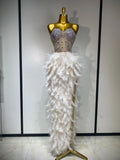 Sparkly Rhinestone Feather Mesh Long Dress Women Sexy Elegant Evening Party Luxury Birthday Photo Shoot Performance Costume WHITE