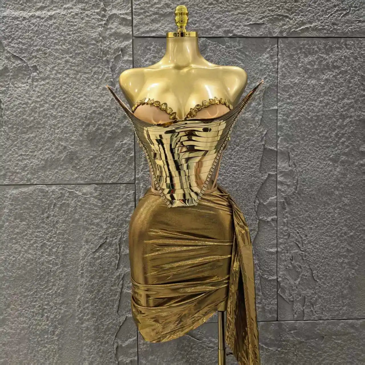 Golden Silver Women Sexy Strapless Shinning Crystal 2 Pieces Bodycon Mini Dress Birthday Party Photo Shoot Celebrate Stage Wear Gold