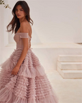 Pink Off Shoulder Tulle Prom Dress Elegant Multilayer A-line Vestidos De Fiesta Lace Up Back Sleeveless Evening Dress