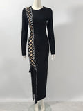 2024 Sexy Women Heavy Industry Chain Drawstring Bandage Dress O-neck Long Sleeve Bodycon Midi Split Dress Evening Party Vestidos