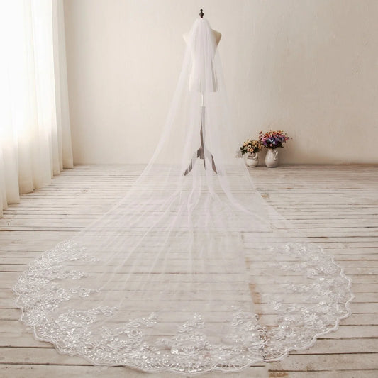 Lace with Sequins in White , off-White , Ivory Wedding Veil Cathedral Length Bridal Veil Off white one layer