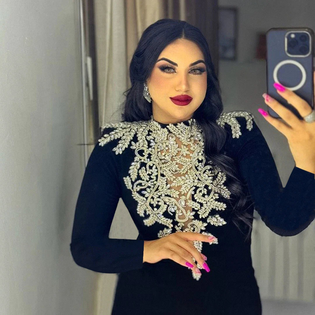 Top Quality Sparkly Crystal Women Long Sleeve Sexy O-Neck Bodycon Long Bandage Dress Celebrate Elegant Evening Party Outfit black