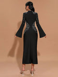 Elegant Women's Light Luxury Hot Diamond Bandage Dress with Stand up Collar and Trumpet Sleeve Bodycon Long Dress Vestidos