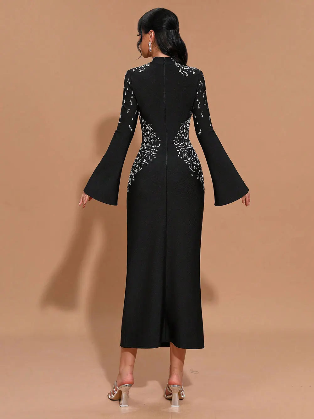 Elegant Women's Light Luxury Hot Diamond Bandage Dress with Stand up Collar and Trumpet Sleeve Bodycon Long Dress Vestidos