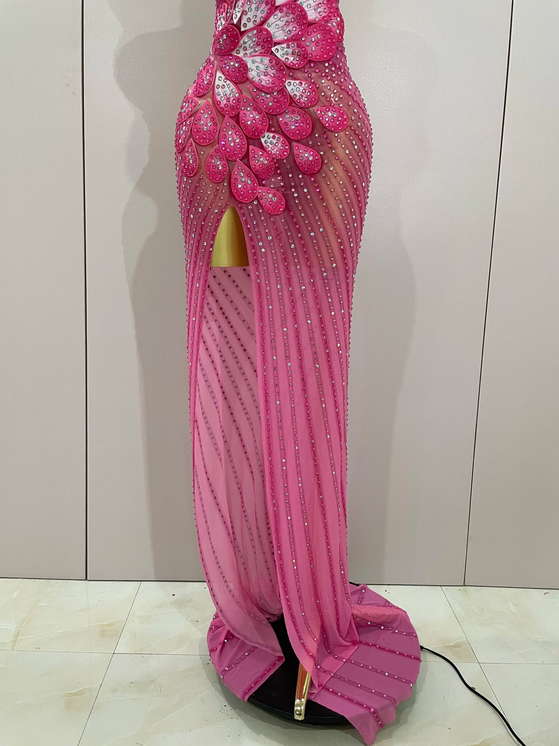 Luxury Shinning Rhinestones Flowers Sexy One Shoulder Bodycon Maxi Long Dress Women Evening Birthday Party Stage Costume