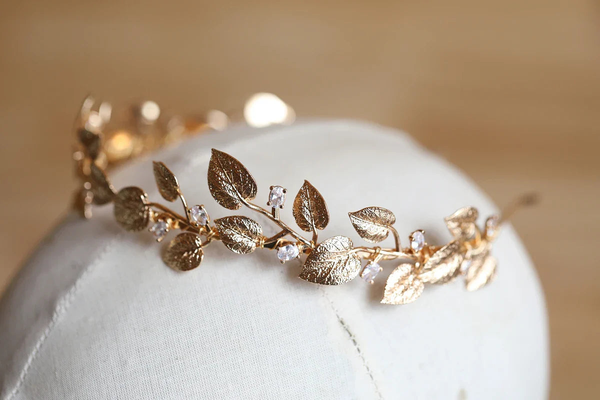 Wedding Hair Accessories Zircon Crystal Tiaras and Crowns Vintage Gold Color Headband For Brides Leaf Headpiece Bridal Jewelry