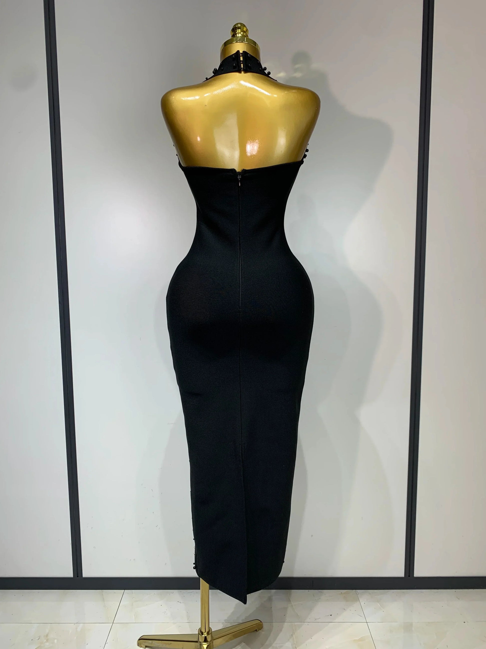 Elegant Sparkly Rhinestone Pearl Halter Backless Bodycon Bandage Long Dress Women Luxury Birthday Evening Party Gowns
