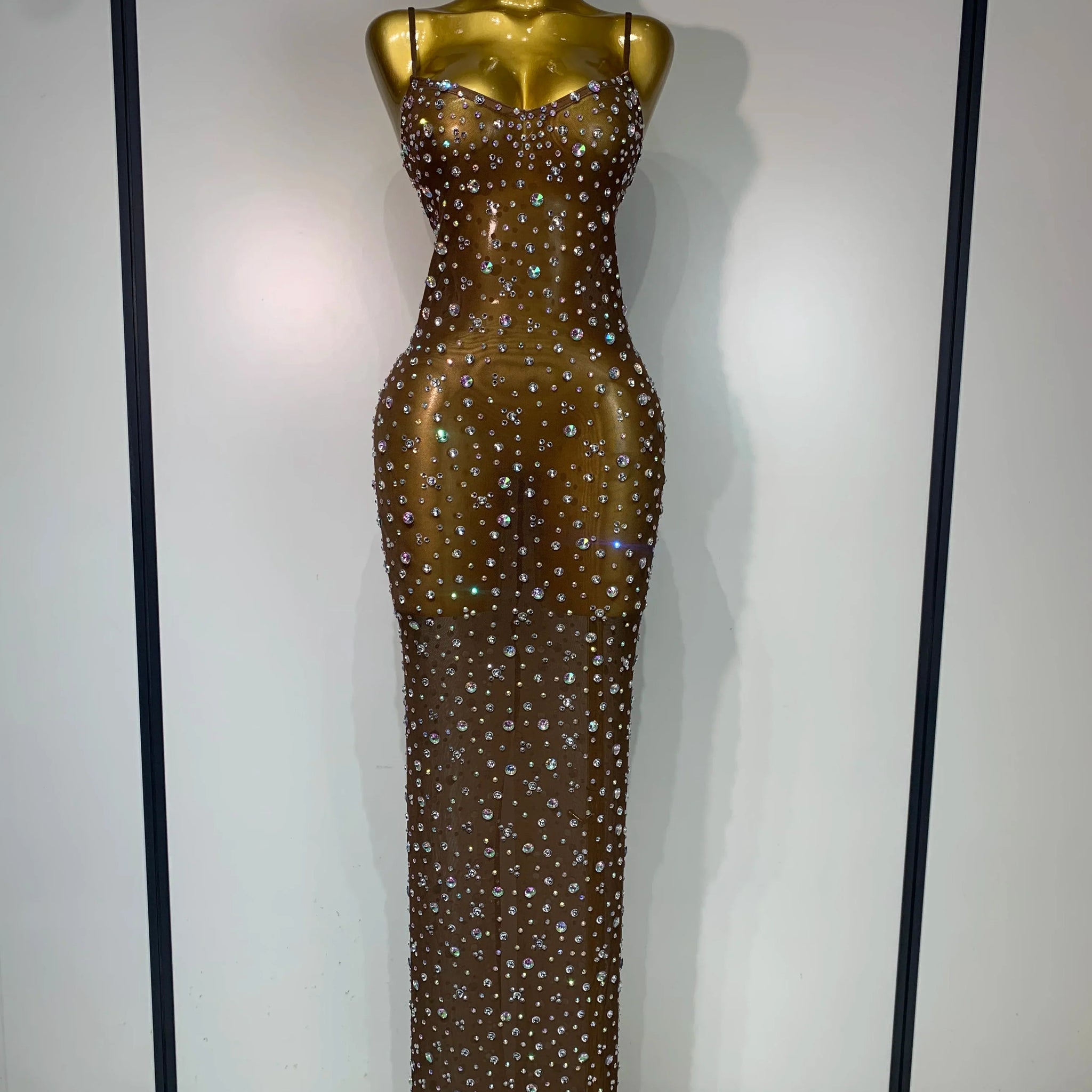 Sparkly Rhinestone Stretchy Mesh See Through Dress Women Performance Dancer Costume Luxury Birthday Nightclub Stage Outfit Dark Brown