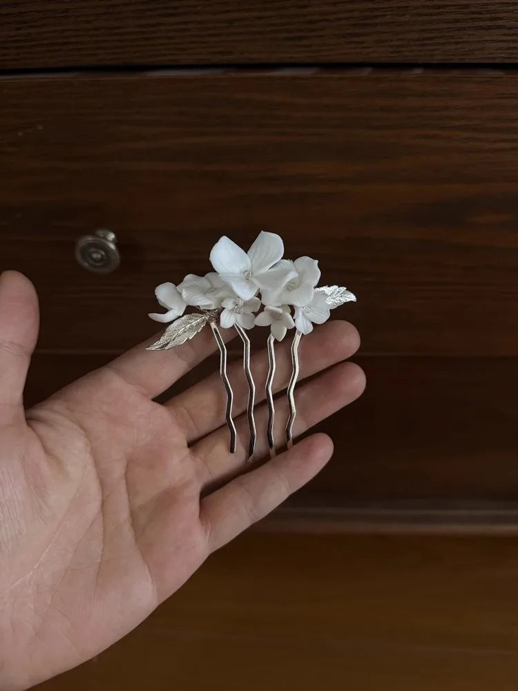 Bridal Jewelry Porcelain Flower Hair Comb Pin Pearl Hairpin For Brides Bridesmaids Silver Color Head Pieces Wedding Accessories