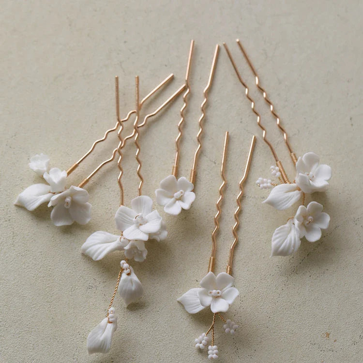 Bridal Jewelry Gold Silver Color Hairpin Porcelain Flower Hair Pin Clip Brides Women Head Piece Headdress Wedding Accessories
