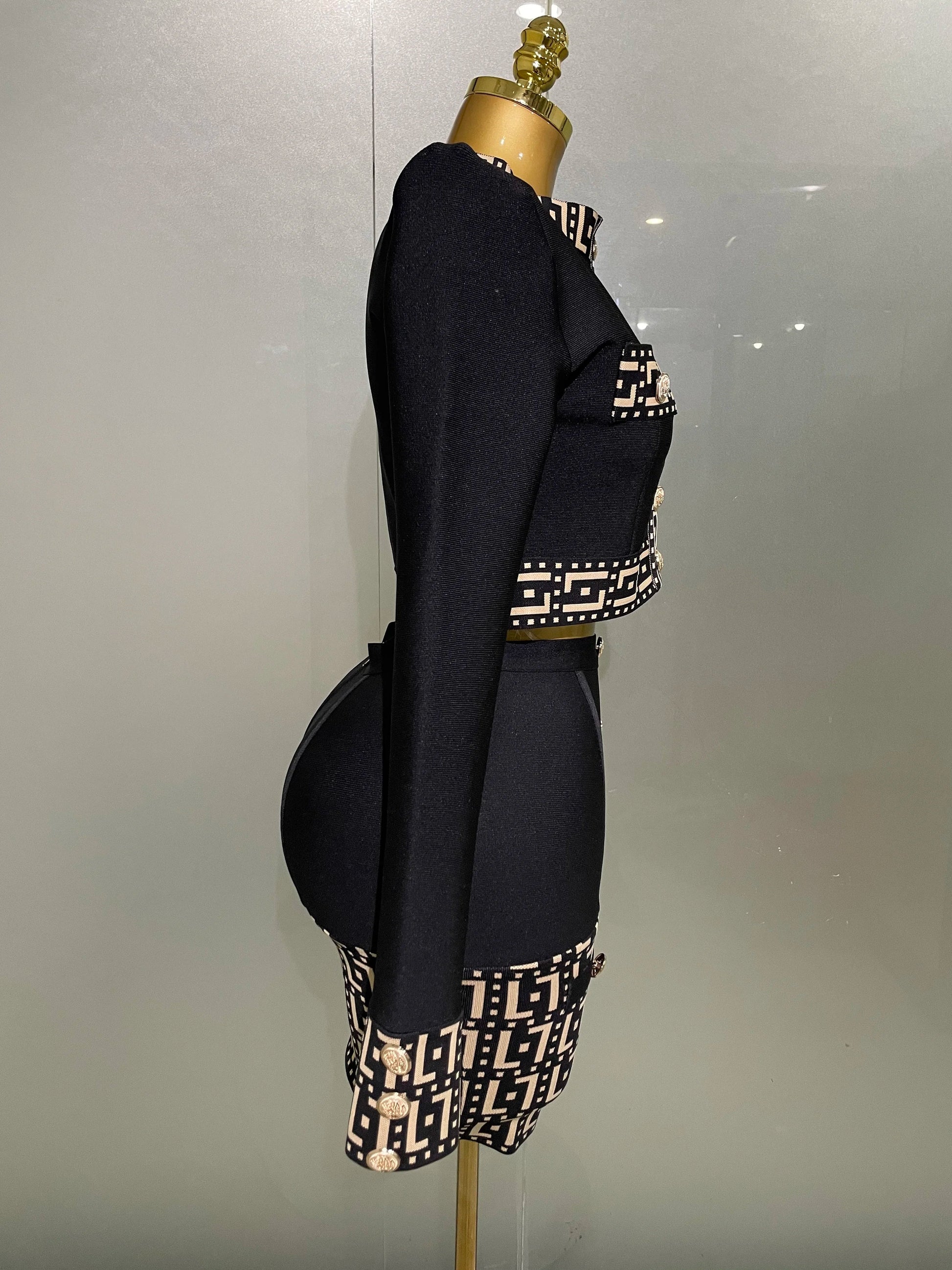 Trendy Black Long Sleeves Two Pieces Bandage Set Button Top Short Skirt Suit Evening Party Women's Outfit Nightclub Wear