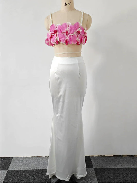Sexy Pearl Flower Pearl Flower + Long Skirt Set Women Backless Wedding Holiday Party Lady Elegant Outfits Summer New