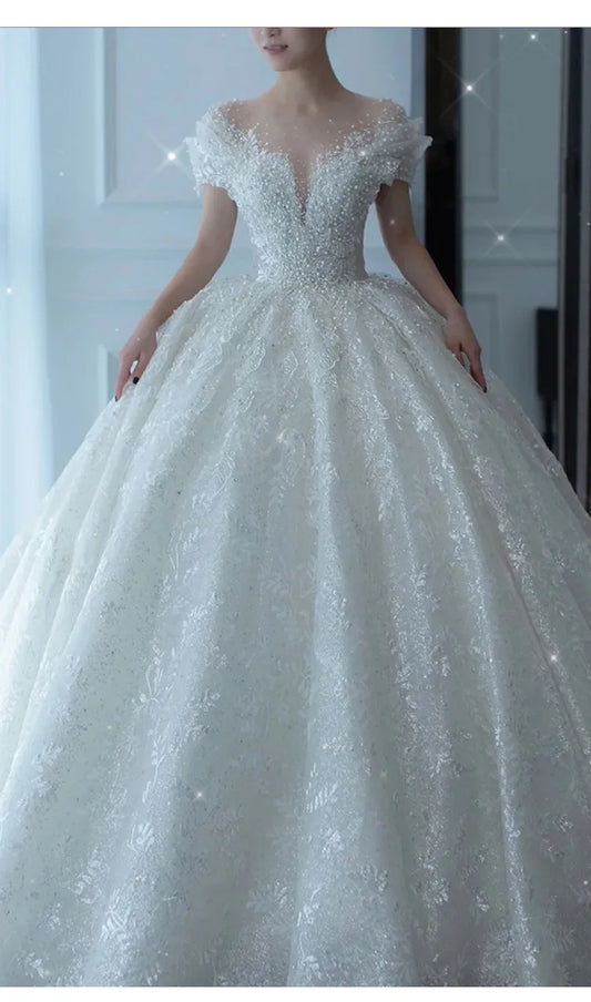 Princess Sexy Luxury Crystal Beaded Wedding Dress Puff Tulle White Wedding Gown Simple Bride Dress Women