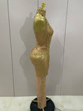 Luxury Sparkly Gold Rhinestone Sexy Transparent Mesh Long Dress Women Birthday Party Gown Stage Singer Performance Costume
