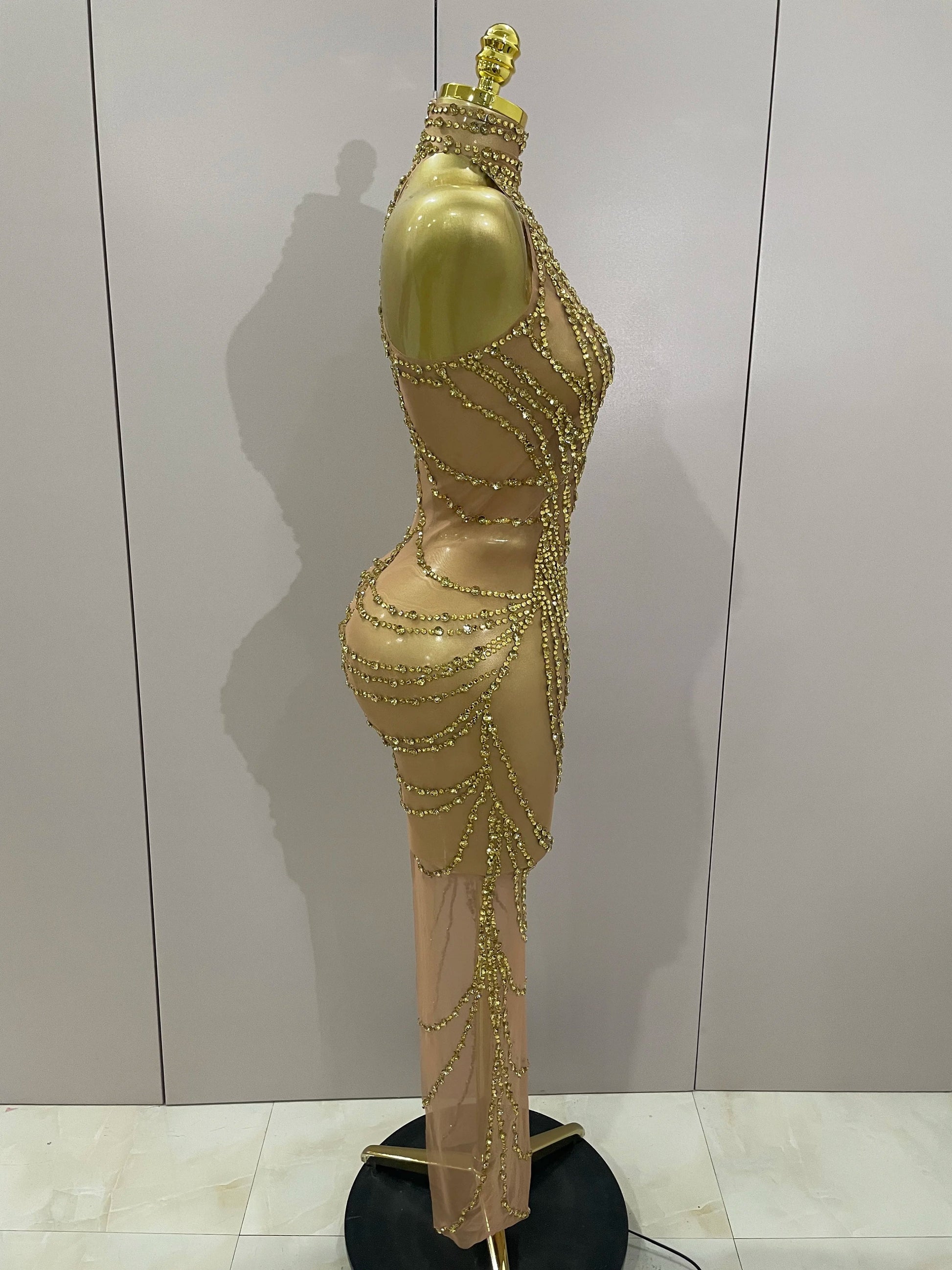 Luxury Sparkly Gold Rhinestone Sexy Transparent Mesh Long Dress Women Birthday Party Gown Stage Singer Performance Costume