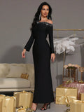 Elegant Women's Hot Diamond Design Bandage Dress with One Collar Long Sleeve Slimming Long Dresses Evening Party Vestitos