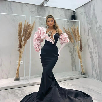 Elegant Mermaid Evening Dress in Chiffon with Sheer Neck, Pleated Ruffles Sleeves, and Sweep Train As Picture