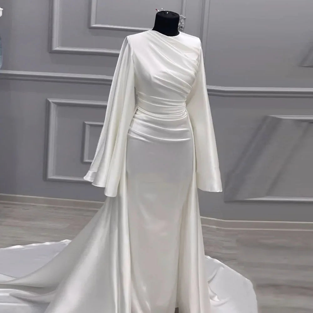Arabic Wedding Dresses O-Neck Customized Long Sleeves Satin Mermaid Muslim Bridal Gown Vestidos De Novia Ivory
