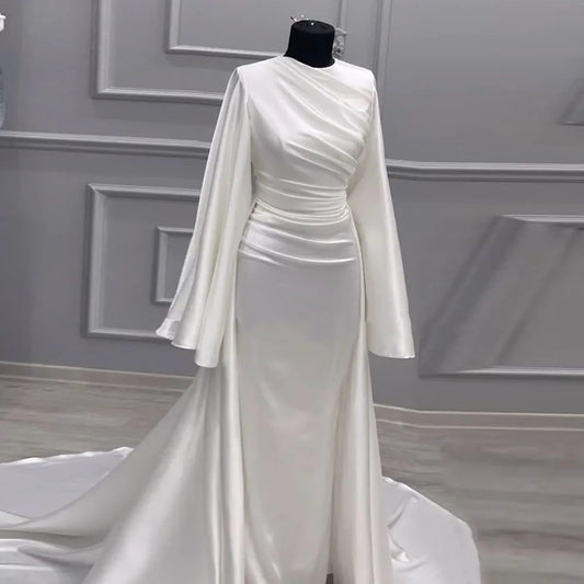 Arabic Wedding Dresses O-Neck Customized Long Sleeves Satin Mermaid Muslim Bridal Gown Vestidos De Novia Ivory