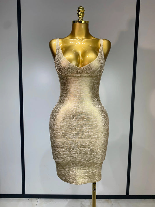 High Quality Celebrity Elegant Gold Bodycon Bandage Dress Women Sexy Nightclub Evening Party Luxury Birthday Dress Vestidos Gold