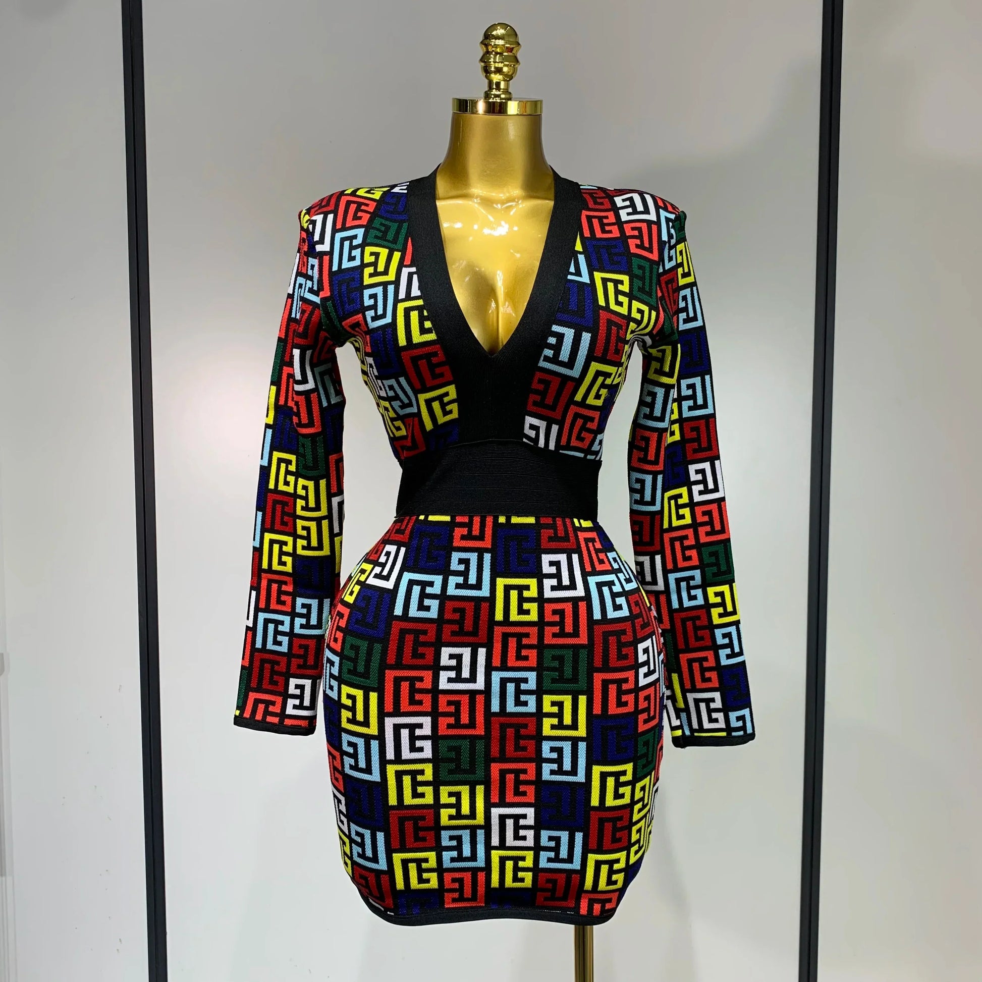 Women Long Sleeve V-Neck Bodycon Jacquard Short Bandage Dress Elegant Evening Luxury Birthday Party Cocktail Outfit MULTI