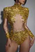 Sparkly Gold Silver Rhinestone Sequin Stretch Bodysuits Women Birthday Party Nightclub Dancer Stage Performance Costume Gold