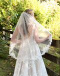 Wedding Veil with Lace Appliqued Light Ivory Elbow and Fingertip Length Bridal Veil Light Ivory
