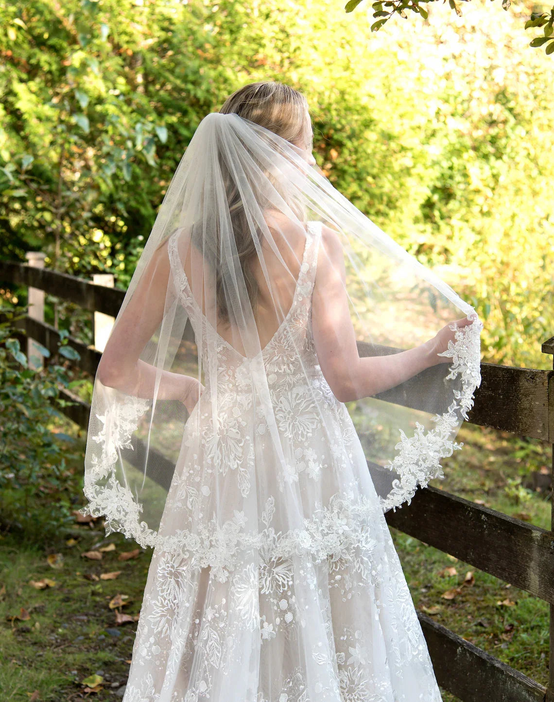 Wedding Veil with Lace Appliqued Light Ivory Elbow and Fingertip Length Bridal Veil Light Ivory