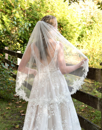 Wedding Veil with Lace Appliqued Light Ivory Elbow and Fingertip Length Bridal Veil Light Ivory